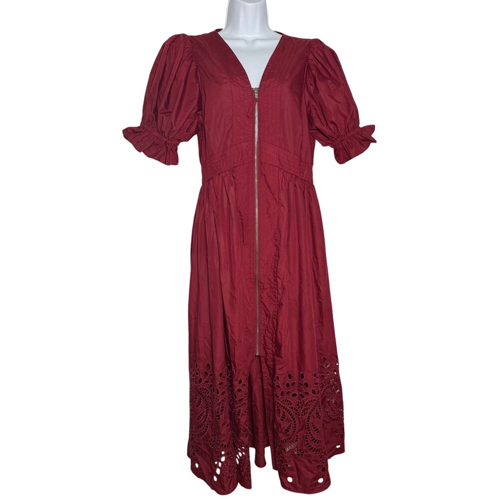 Porter St. Dress Burgundy Eyelet Trim Short Sleeve LARGE Zip Front Vneck